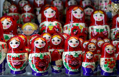 Colorful russian wooden dolls at a market