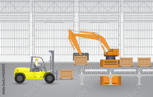 Vector illustration of industrial factory interior, production line and manufacture process. Include automated machine and equipment i.e. robotic arm, conveyor belt and forklift. Include wooden crate.