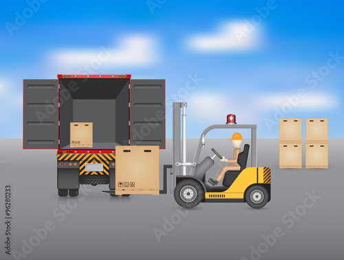 Operator, driver to sort cardboard box on pallet to storage cargo container by forklift or equipment for logistic, shipping and delivery. Freight transport, distribution industry. Vector illustration.