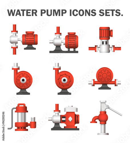 Water pump icon i.e. centrifugal, rotary, slurry and well. Powered by electric motor, engine and hand. For produce flow and pressure to distribution, transport, supply, drainage and control of water.