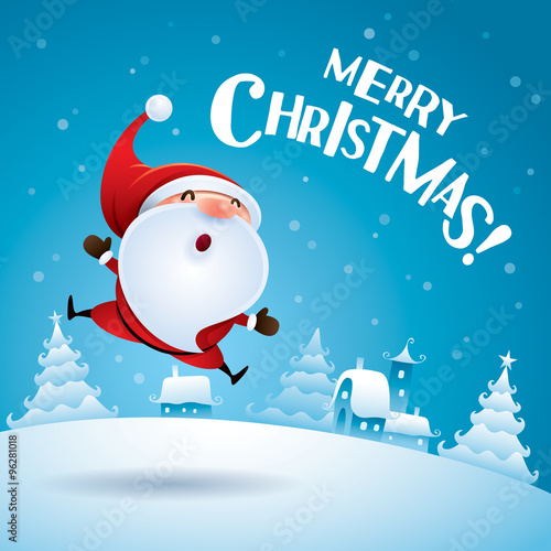 Merry Christmas! Santa Claus jumping up in excitment. Christmas snow scene. 