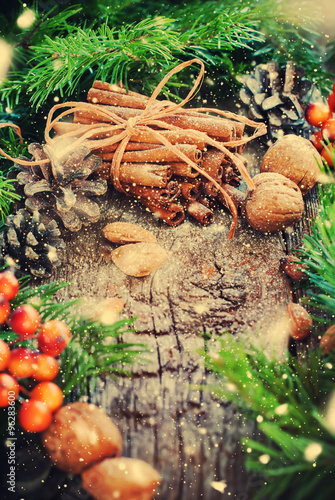Christmas Card. Cinnamon Sticks, Fir Tree, Natural Food. Drawn Snow