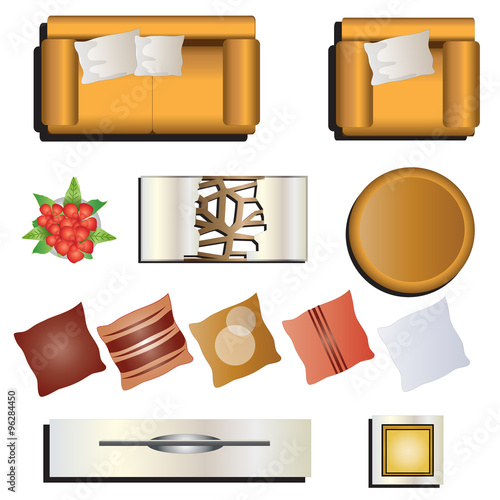 Living room furniture top view set 7 for interior , vector illustration