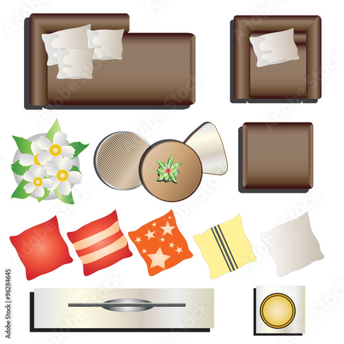 Living room furniture top view set 12 for interior , vector illustration