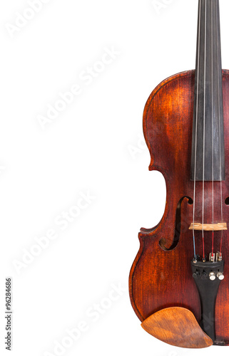 half of old fiddle isolated on white and copyspace