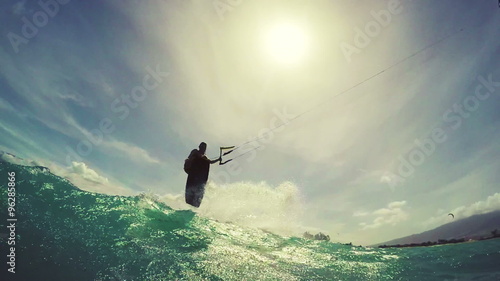 Kitesurfing POV GOPRO Slow Motion. Kite Boarding Extreme Summer Sports. Young Woman Kitesurfing in Ocean in Bikini. 