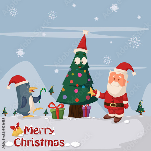 Santa Claus with gift for Merry Christmas holiday greeting card background