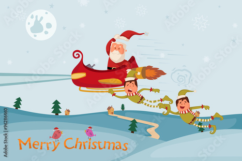Santa and Elf flying in sleigh for Merry Christmas holiday