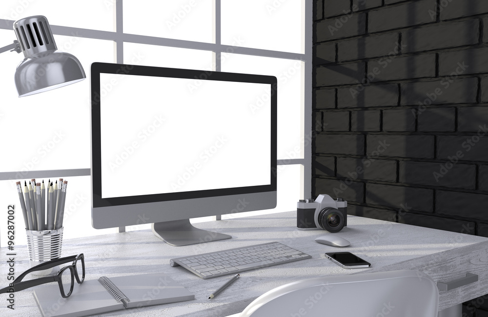 3D illustration PC screen on table in office, Workspace 3D illustration PC screen on table in office, Workspace