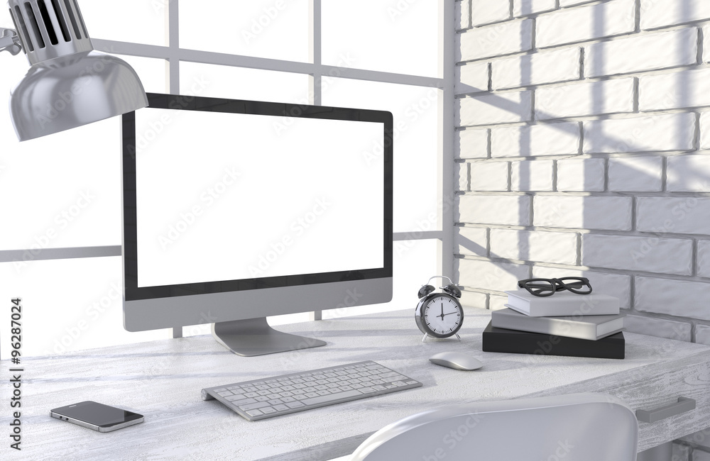 Fototapeta premium 3D illustration PC screen on table in office, Workspace