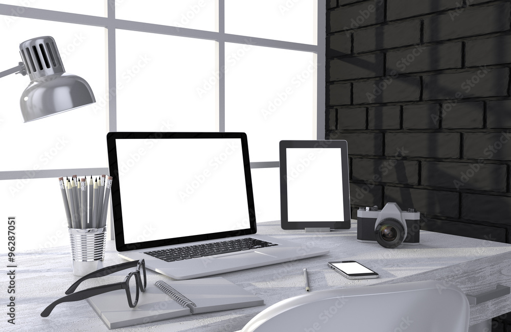 Fototapeta premium 3D illustration laptop and work stuff on table near brick wall, Workspace