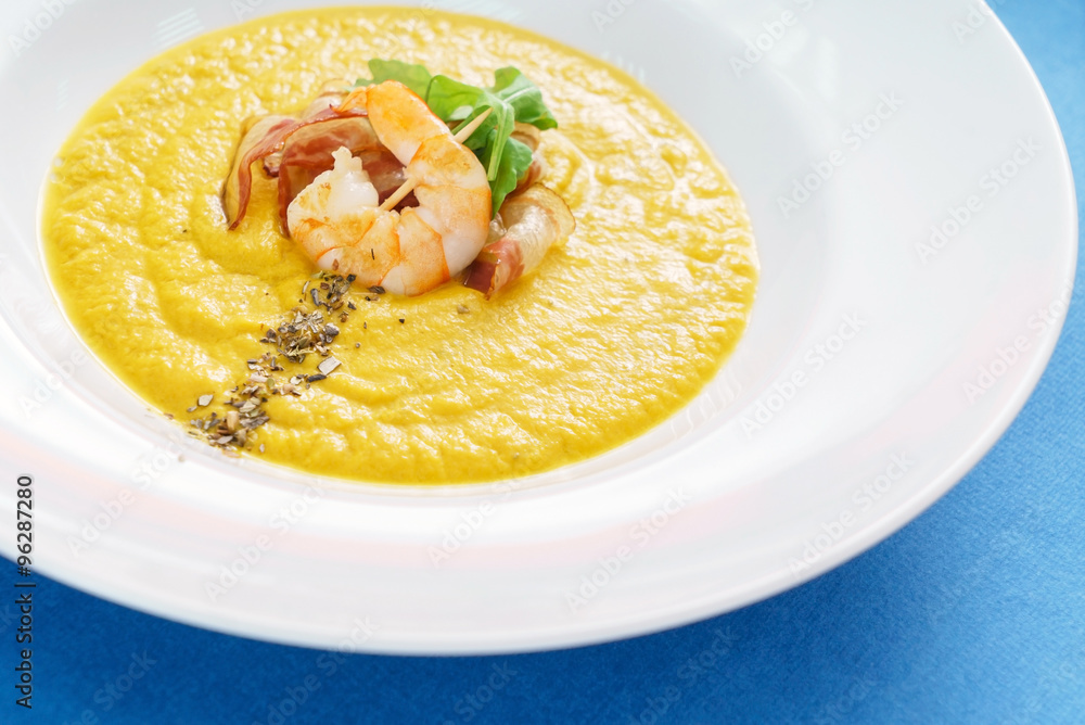 pumpkin cream soup with shrimps pumpkin cream soup with shrimps