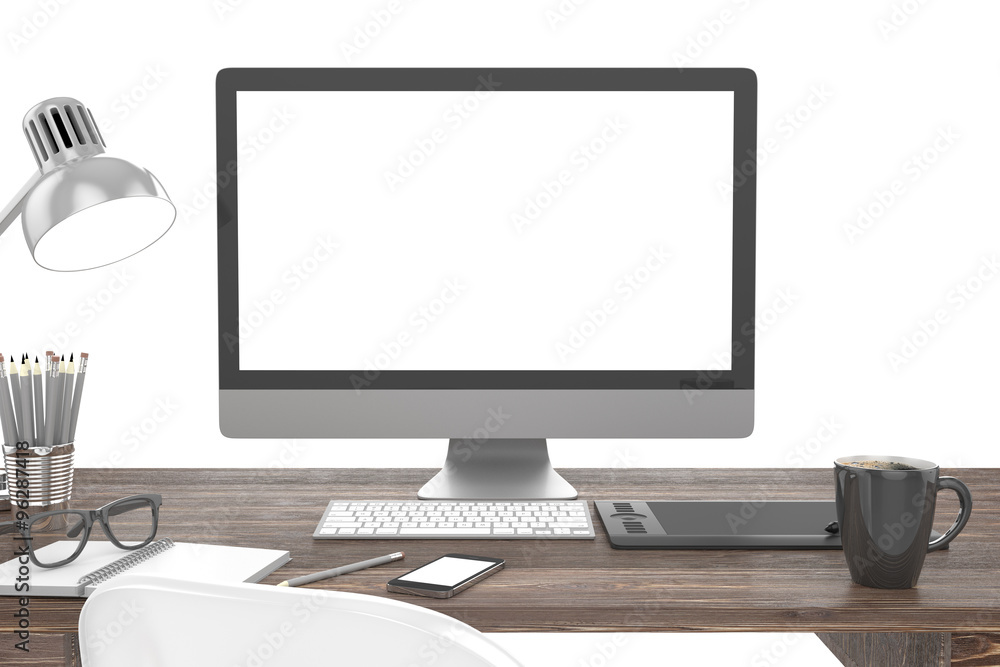 3D illustration PC screen on table in office, Workspace 3D illustration PC screen on table in office, Workspace
