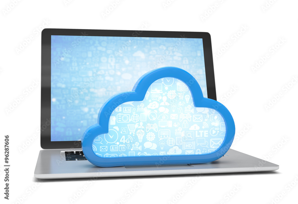 Laptop with cloud computing symbol on keyboard. 3d render Laptop with cloud computing symbol on keyboard. 3d render