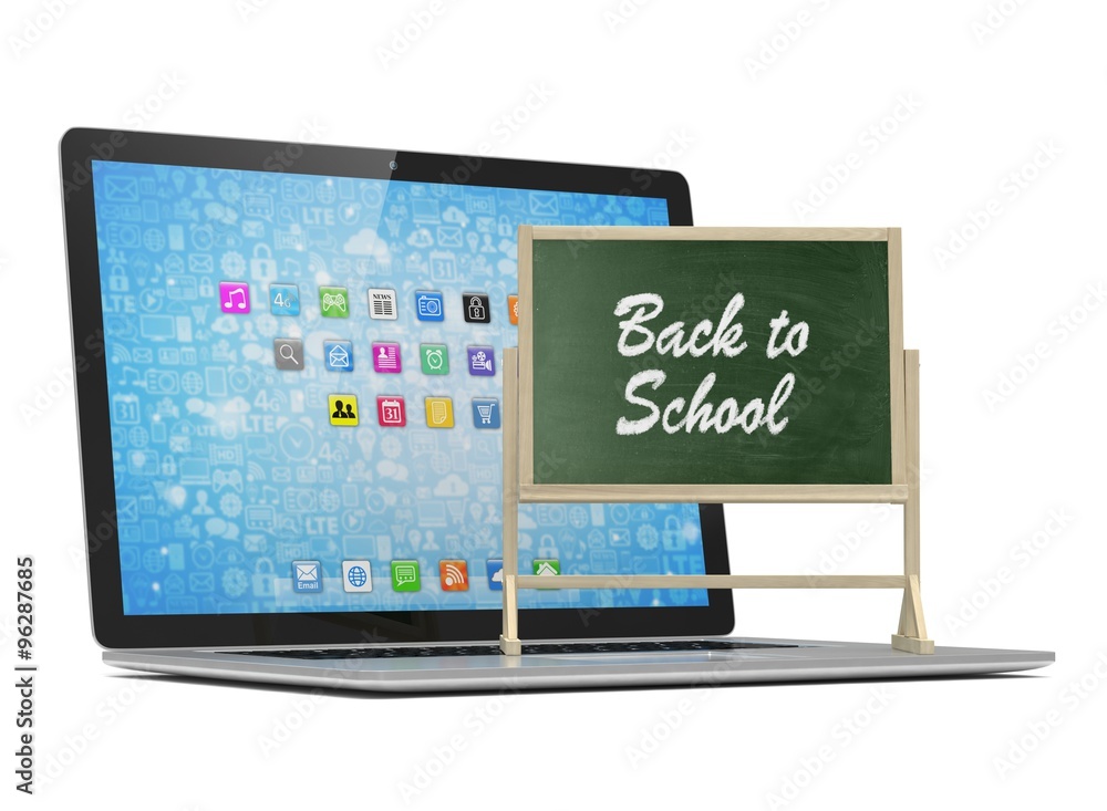 Laptop with chalkboard, back to school, online education concept Laptop with chalkboard, back to school, online education concept