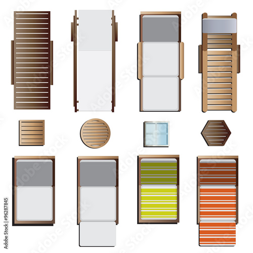 Outdoor furniture , sunbeds set top view set 8 for landscape design , vector illustration