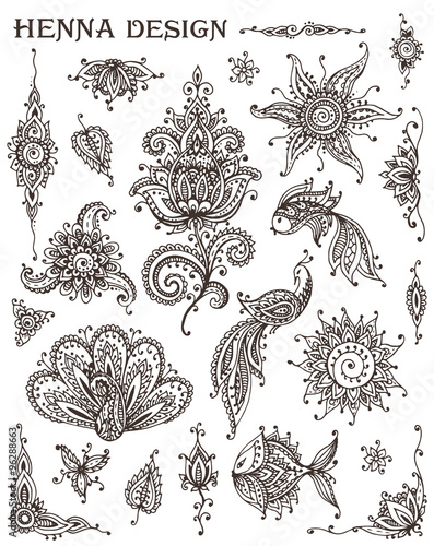 Vector Set of henna floral and animal elements based on traditio