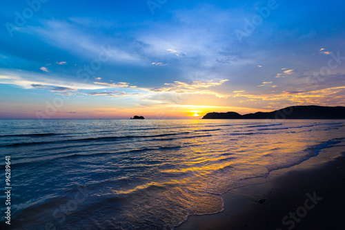 Sunset with blue sky and Golden Light at Laemsing beach , Chanthaburi THAILAND
