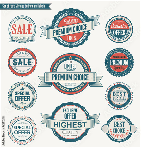 Set of retro vintage blue and red badges and labels