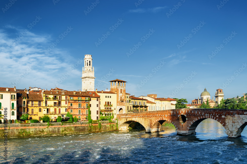 View of the Ponte Pietra and bell tower of the Verona Cathedral