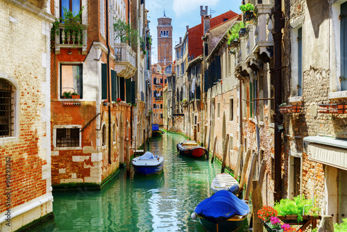 The Rio di San Cassiano Canal with boats, Venice, Italy