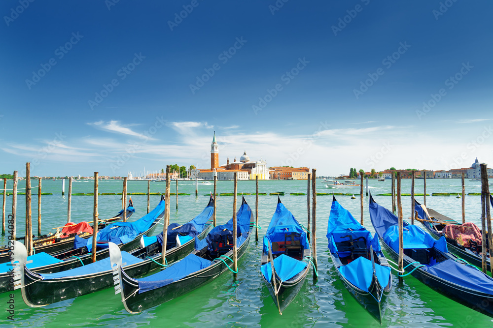 View of gondolas on the Venetian Lagoon, Venice, Italy