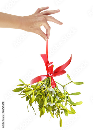 a hand holding christmas mistletoe