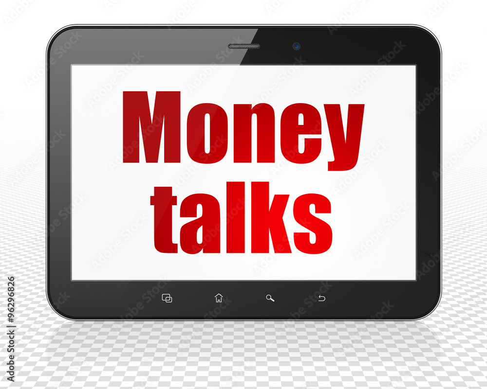 Finance concept: Tablet Pc Computer with Money Talks on display Finance concept: Tablet Pc Computer with Money Talks on display
