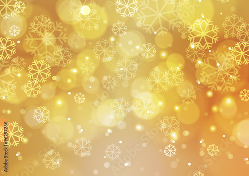 Abstract Gold Christmas Background with Bokeh Light and Snowflak