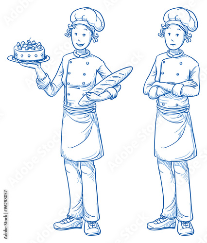 Happy and sad young female baker with a fresh cake in one hand and a bred in the other, in two emotions. Hand drawn cartoon doodle vector illustration.