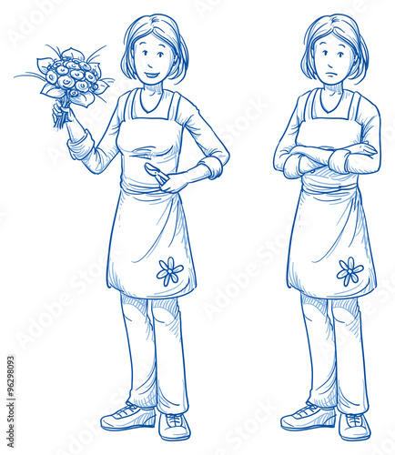 Happy and sad young female florist with a fresh bouquet of flowers in one hand and a secateurs in the other, in two emotions. Hand drawn cartoon doodle vector illustration.