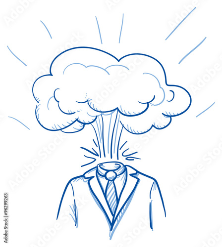 Business man with explosion instead of his head, concept of stress, burnout, headache, depression, hand drawn doodle vector illustration