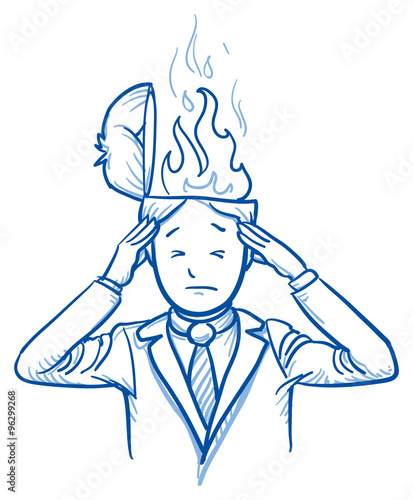 Business man with flames coming out of his head, concept for stress, burnout, headache, hand drawn doodle vector illustration