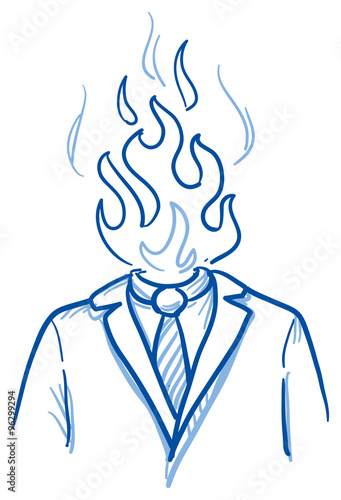 Business man with flames instead of his head, concept for stress, burnout, headache, hand drawn doodle vector illustration