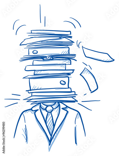 Business man with pile of files instead of head, concept of stress, burnout, headache, depression, hard work, hand drawn doodle vector illustration