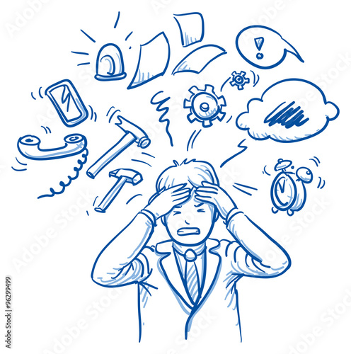Business man holding his head in pain, surrounded by work icons, concept for stress, burnout, too much work, hand drawn doodle vector illustration