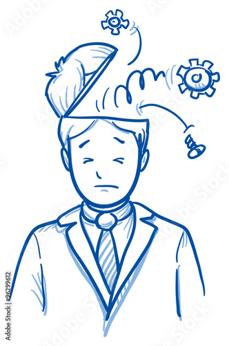 Business man with gears coming out of his head, concept for stress, burnout, headache, hand drawn doodle vector illustration