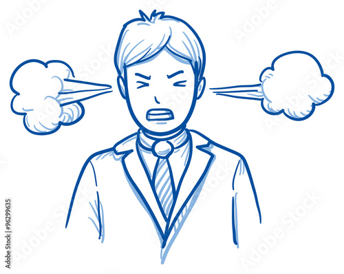 Angry business man with steam coming out of the ears, concept for stress, burnout, headache, too much work, hand drawn doodle vector illustration