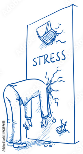 Business man with head stuck in a wall, concept for stress, burnout, headache, depression, hand drawn doodle vector illustration