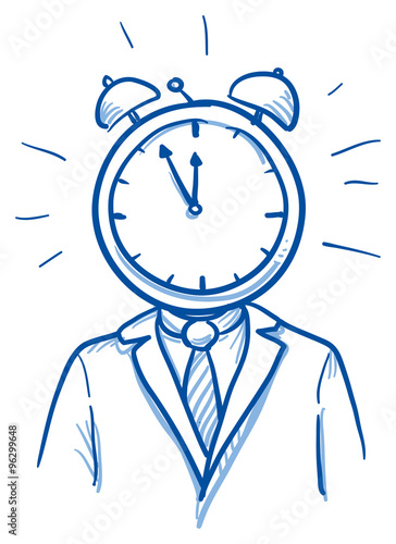 Business man with clock instead of head, concept for stress, time pressure, headache, depression, hand drawn doodle vector illustration