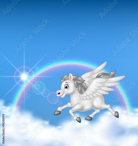 Beautiful pegasus flying on rainbow background