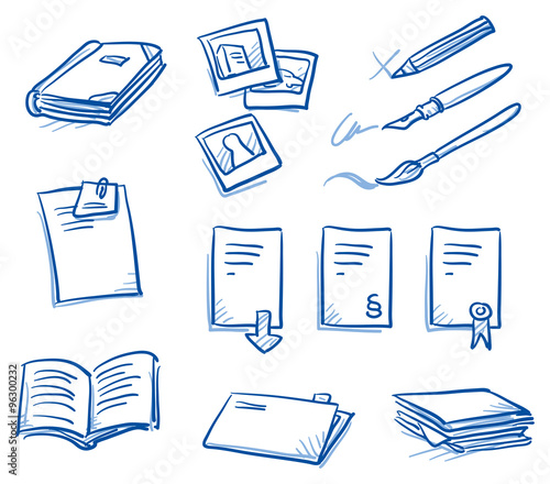 Icon set business files & communication with files, documents, books, photos, contract, pens. hand drawn vector doodle