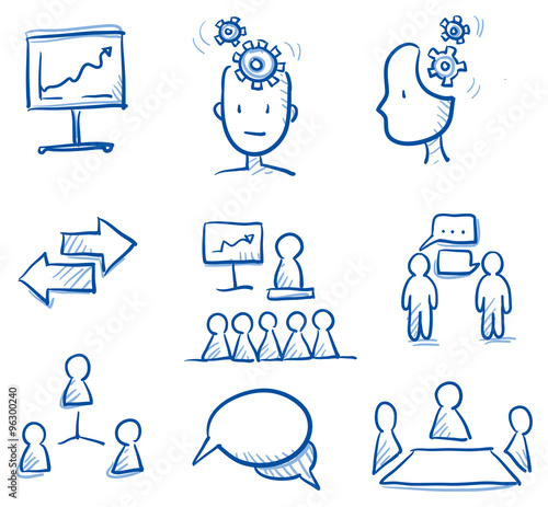 Icon set business team & communication with chart, network, speech bubbles, figures, speech, thinking. hand drawn vector doodle