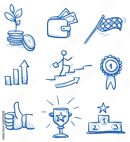 Icon set business success with money, winner's podium, trophy, thumb up, chart. hand drawn vector doodle