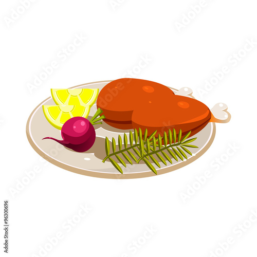 Turkey Ham with Vegetables and Apples on a Dish. Vector Illustartion
