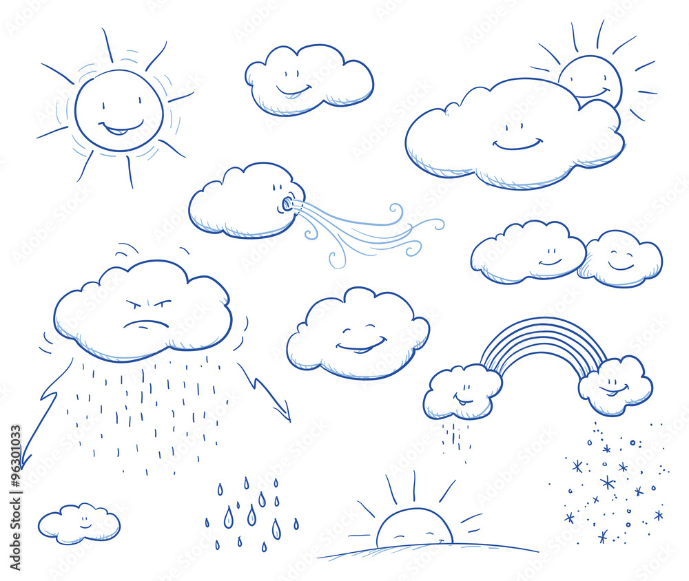 Set of cute cartoon clouds and sun with rain, wind, thunder, rainbow, snow, sunset. Hand drawn vector illustration. Stock Vector | Adobe Stock Set of cute cartoon clouds and sun with rain, wind, thunder, rainbow, snow, sunset. Hand drawn vector illustration. Stock Vector | Adobe Stock
