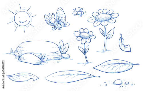 Set of landscape and nature background parts: stones, leaves, sun, butterfly, firefly and flowers. Hand drawn vector illustration.