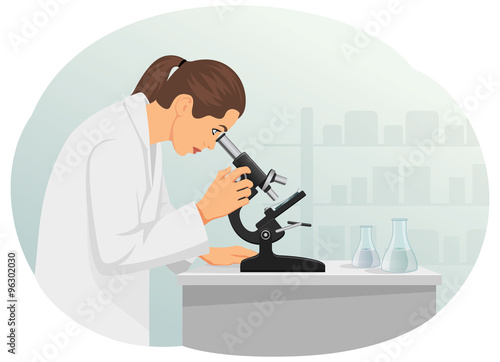Woman scientist is looking through a microscope. Laboratory and equipment.