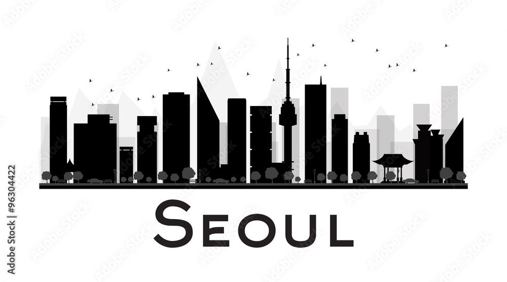 Seoul City skyline black and white silhouette. Some elements have transparency mode different from normal