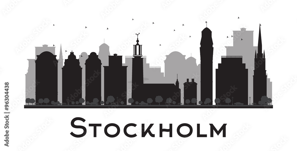 Stockholm skyline black and white silhouette. Some elements have transparency mode different from normal